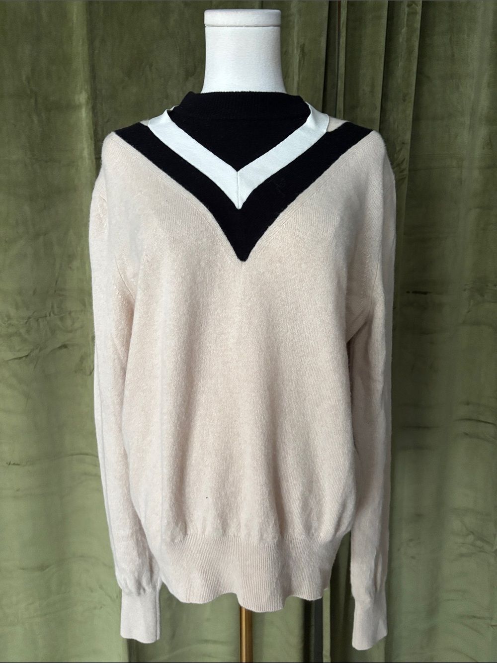 Helmut Lang Cream V-Neck Sweater with Black & White Trim, S